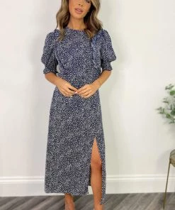 AX Paris Navy And White Printed Ruffle Front Midi Dress Dresses