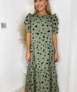 AX Paris Khaki Polka Dot Short Sleeve Tiered Midi Dress Dresses