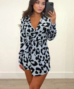 AX Paris Blue Animal Print Wrap Long Sleeve Mini Dress