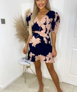 AX Paris Navy And Blush Floral Pleated Sleeve Skater Dress