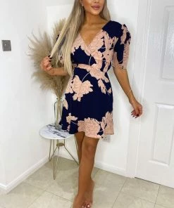 AX Paris Navy And Blush Floral Pleated Sleeve Skater Dress