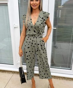 AX Paris Khaki And Black Dotty Wrap Front Belted Jumpsuit Jumpsuits And Playsuits