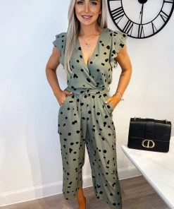AX Paris Khaki And Black Dotty Wrap Front Belted Jumpsuit Jumpsuits And Playsuits