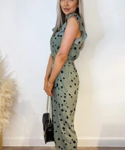 AX Paris Khaki And Black Dotty Wrap Front Belted Jumpsuit Jumpsuits And Playsuits
