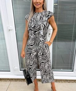 AX Paris Jumpsuits And Playsuits Black And White Zebra Print Frill Front Tie Waist Jumpsuit