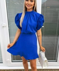 AX Paris Dresses Blue High Neck Puff Sleeve Skater Dress