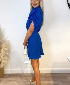 AX Paris Dresses Blue High Neck Puff Sleeve Skater Dress