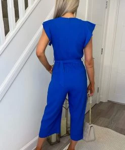 AX Paris Blue Wrap Front Belted Jumpsuit Jumpsuits And Playsuits