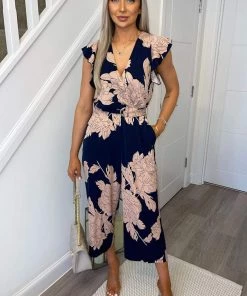 AX Paris Navy And Blush Floral Wrap Front Belted Jumpsuit