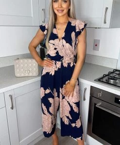 AX Paris Navy And Blush Floral Wrap Front Belted Jumpsuit