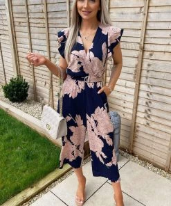 AX Paris Navy And Blush Floral Wrap Front Belted Jumpsuit