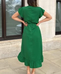 AX Paris Green Wrap Over Frill Hem Short Sleeve Midi Dress Dresses