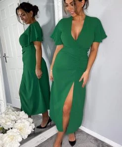 AX Paris Green Ruched Split Leg Midi Dress Dresses