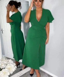 AX Paris Green Ruched Split Leg Midi Dress Dresses