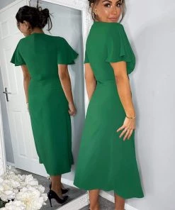 AX Paris Green Ruched Split Leg Midi Dress Dresses