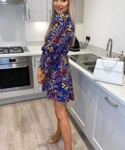 AX Paris Navy Floral Print V-Neck Long Sleeve Skater Dress