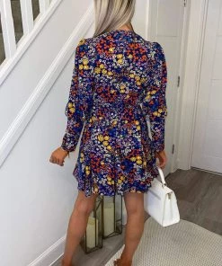 AX Paris Navy Floral Print V-Neck Long Sleeve Skater Dress