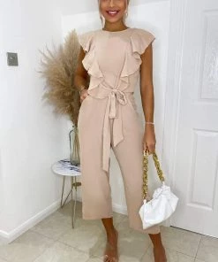 AX Paris Jumpsuits And Playsuits Nude Frill Front Belted Jumpsuit