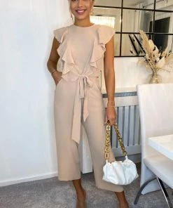 AX Paris Jumpsuits And Playsuits Nude Frill Front Belted Jumpsuit