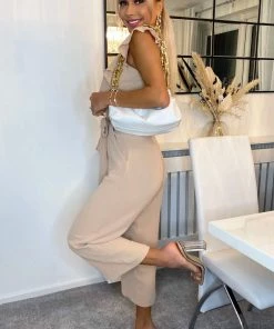 AX Paris Jumpsuits And Playsuits Nude Frill Front Belted Jumpsuit