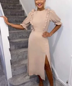 AX Paris Dresses Nude Ruffle Split Leg Midi Dress