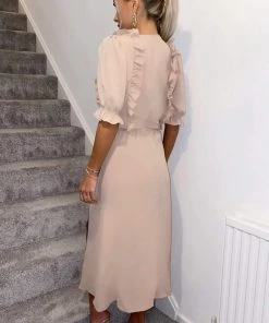 AX Paris Dresses Nude Ruffle Split Leg Midi Dress