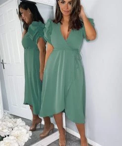 AX Paris Duck Egg Wrap Over Tie Midi Dress Dresses