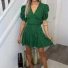 AX Paris Green Printed Puff Sleeve Pleated Mini Dress Dresses
