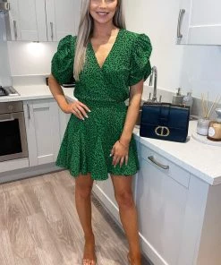 AX Paris Green Printed Puff Sleeve Pleated Mini Dress Dresses