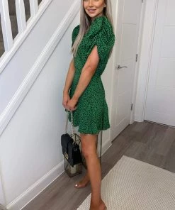 AX Paris Green Printed Puff Sleeve Pleated Mini Dress Dresses