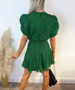 AX Paris Green Printed Puff Sleeve Pleated Mini Dress Dresses