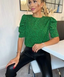 AX Paris Green Printed Gathered Puff Sleeve Top Tops