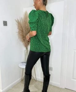 AX Paris Green Printed Gathered Puff Sleeve Top Tops