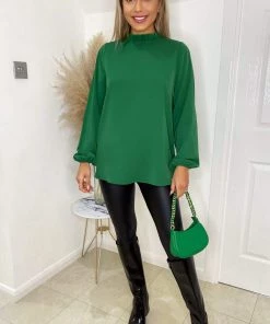 AX Paris Green Ruffle High Neck Long Sleeve Top Tops