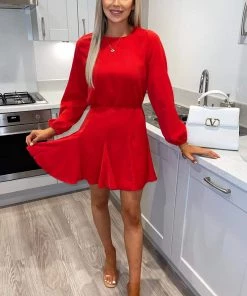 AX Paris Dresses Red Long Sleeve Frill Skirt Dress