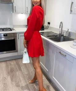 AX Paris Dresses Red Long Sleeve Frill Skirt Dress