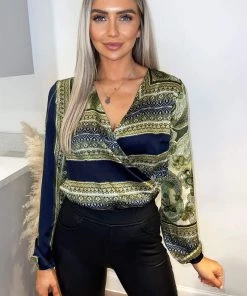 AX Paris Navy And Green Scarf Print Wrap Bodysuit