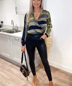 AX Paris Navy And Green Scarf Print Wrap Bodysuit