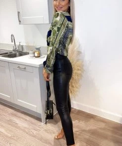 AX Paris Navy And Green Scarf Print Wrap Bodysuit