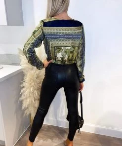 AX Paris Navy And Green Scarf Print Wrap Bodysuit