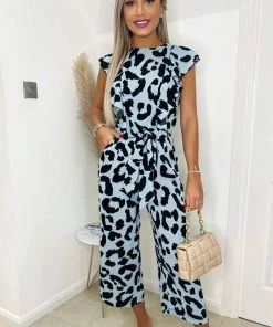 AX Paris Jumpsuits And Playsuits Blue Animal Print Frill Front Jumpsuit