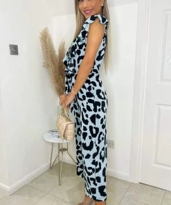 AX Paris Jumpsuits And Playsuits Blue Animal Print Frill Front Jumpsuit