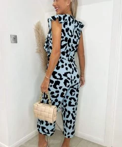 AX Paris Jumpsuits And Playsuits Blue Animal Print Frill Front Jumpsuit