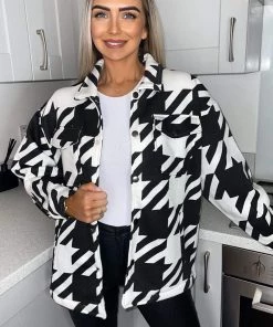 AX Paris Black Large Dogtooth Print Shirt Jacket