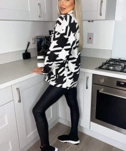 AX Paris Black Large Dogtooth Print Shirt Jacket