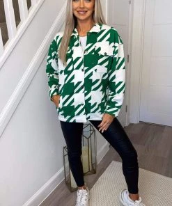 AX Paris Jade Green Large Dogtooth Print Shirt Jacket Coats & Jackets