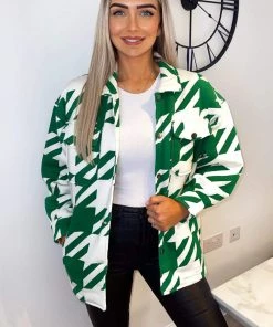AX Paris Jade Green Large Dogtooth Print Shirt Jacket Coats & Jackets