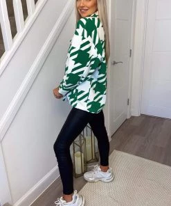 AX Paris Jade Green Large Dogtooth Print Shirt Jacket Coats & Jackets