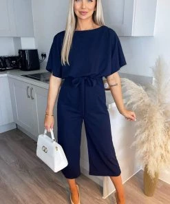 AX Paris Jumpsuits And Playsuits Navy Tie Waist Short Sleeve Culotte Jumpsuit
