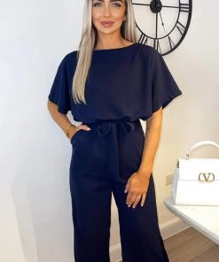 AX Paris Jumpsuits And Playsuits Navy Tie Waist Short Sleeve Culotte Jumpsuit